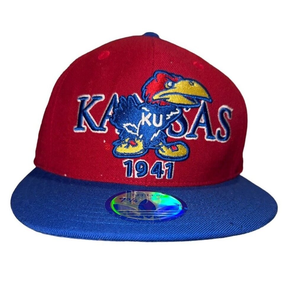 KU Adidas NCAA Kansas University Jayhawks Wool Crimson Blue Hat Fitted‎ 7 3/4